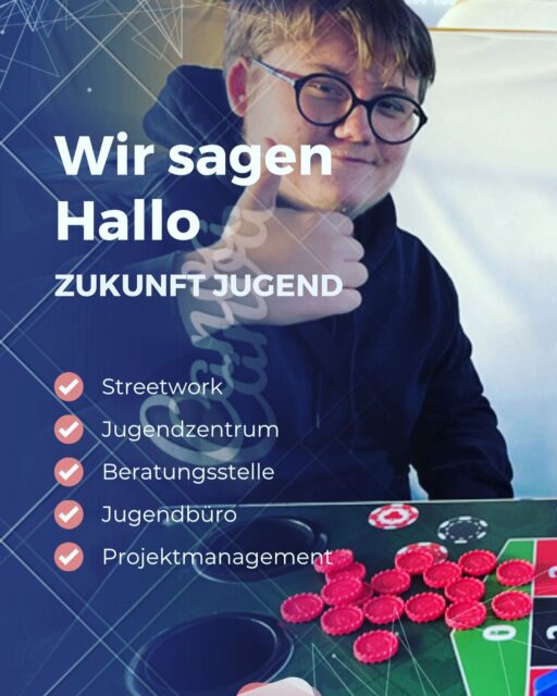 - Jugendzentrum
- Streetwork
- Jugendbüro
- Beratungsstelle
- Projektmanagement
