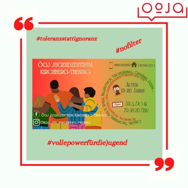 Das ÖGJ Jugendzentrum Kirchberg-Thening ist für alle Jugendliche zwischen 13 & 20 Jahren. Hier kann gechillt, Billard/Tischtennis/Tischfußball uvm gespielt werden. Aber nicht nur Spiel, Spaß und Schokolade😂 wird geboten, auch interessante Workshops zur Aufklärung von wichtigen Themen wie Arbeit, Ausgrenzungen, Selbsthilfe usw wird geboten.