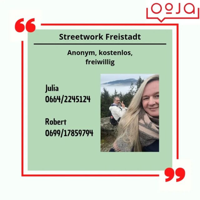 Wir sind Julia und Robert. Ihr findet uns in Freistadt in der Waaggasse 10. Wir sind für jeden Spaß zu haben und du kannst mit uns über alles reden. Es bleibt unter uns✌️😃
Wenn unser Büro einmal zu ist, sind wir meistens im Bezirk mit unseren orangen Taschen unterwegs.
See ya.