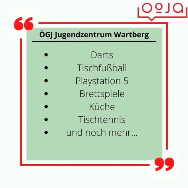 Jugendliche aus Wartberg ob der Aist, ihr seid herzlich eingeladen! 🌟
Das ÖGJ Jugendzentrum in der Schulstraße 5 freut sich auf alle zwischen 13 und 20 Jahren. Kommt vorbei für spannende Aktivitäten und eine gute Zeit. Wir sind montags, dienstags, donnerstags und freitags von 15:00 - 20:00 Uhr geöffnet.
#vollepowerfürdiejugend #oegjjugendzentren #oegjjuzwartberg #schauvorbei